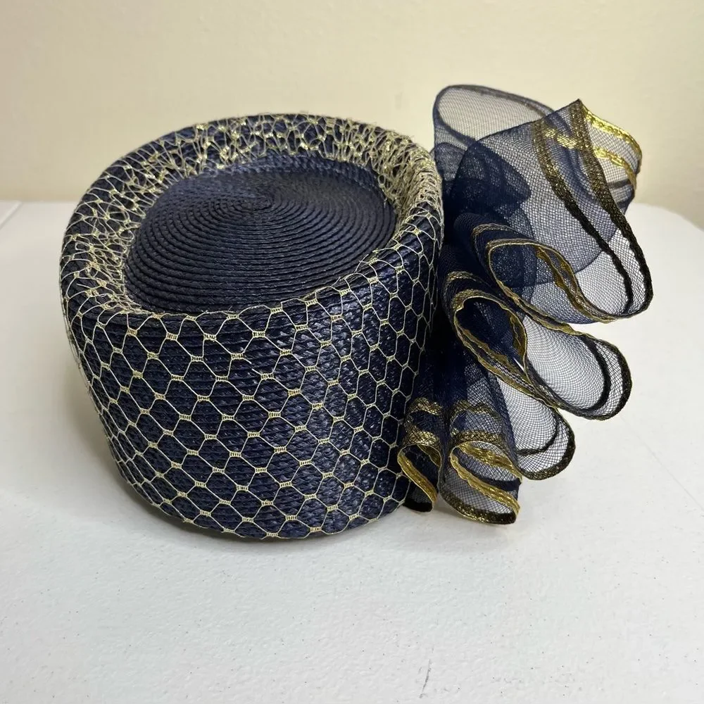 Vintage 80s Sylvia Church Lady Hat Navy Gold Metallic Mesh Netting Union Made US